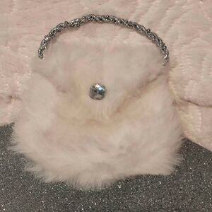 Soft White Faux Fur Purse Small Silver Handle Bling Detail Satin Lined Holiday